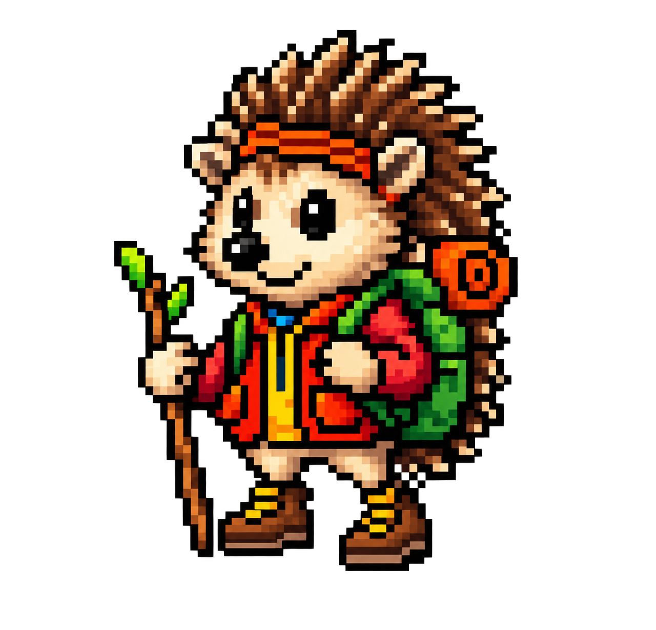 Pixel-Art Igel mit Wanderausrüstung