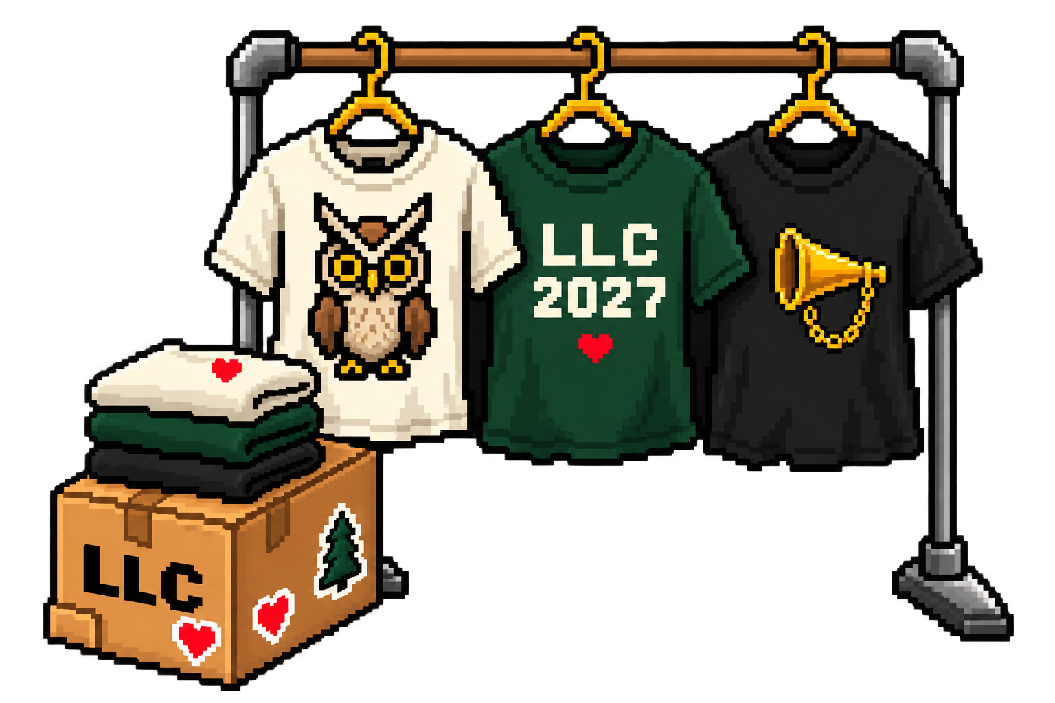 Pixel-Art Kleiderständer mit LLC-Shirts