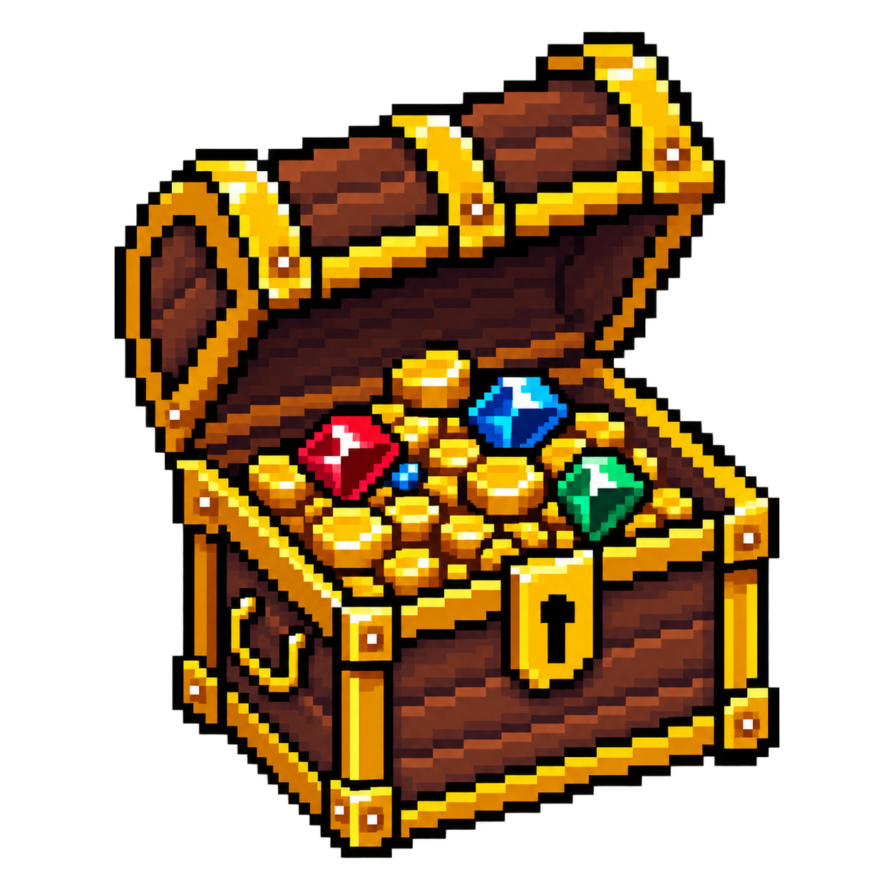 Pixel-Schatztruhe mit Gold und Edelsteinen